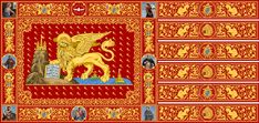 an image of a golden lion on a red and gold background with other images around it