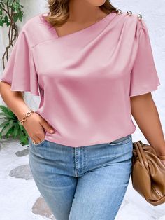 Rosa Bebê elegante Collar Manga Curta Tecido Simples Top Embellished Não elástico Ladies Blouses, Stylish Blouses, Butterfly Sleeve Blouse, Casual Blouses, Casual Wear Women, Fashion Tops Blouse, Butterfly Sleeve, Stylish Blouse