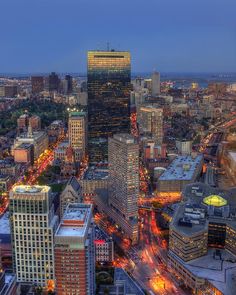 an aerial view of the city at night