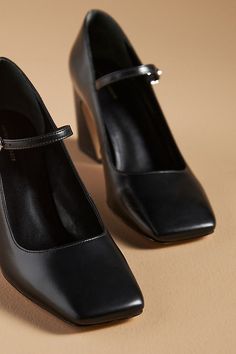 Leather upper, insole, sole Buckle styling Imported | Square-Toe Mary Jane Heels by Anthropologie in Black, Women's, Size: 8, Leather Tights With Mary Janes, Business Heels With Heel Strap And Medium Width, Business Heels With Heel Strap Medium Width, Closed Toe Heels With Buckle Closure For Office, Mary Jane Heels With Square Toe For Business, Business Mary Jane Heels With Heel Strap, Office Heels With Buckle Closure And Closed Toe, Business High Heel Shoes With Buckle Closure, Formal Ankle Strap Court Shoes With Buckle Closure