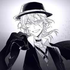 an anime character wearing a fedora and holding his hand up to his face with one eye open