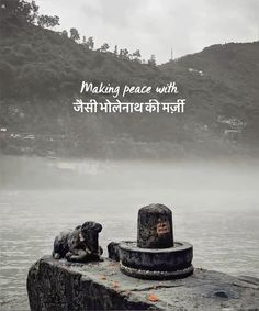 two statues sitting next to each other on top of a rock near the water with a mountain in the background