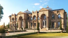 this is an artist's rendering of a large house with many windows and arches