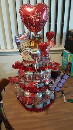 a valentine's day gift tower on a table