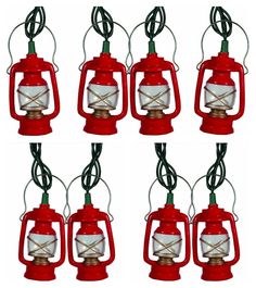 six red lanterns with white lights hanging from the top and bottom, all in different positions