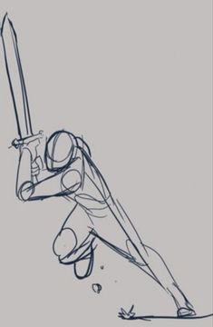 Cool drawing of a person holding a sword ready to strike! Swordsman Drawing Reference, Action Poses With Staff, People With Swords Reference, Male Floating Poses Drawing, Greatsword Poses Drawing Reference, Fighter Clothes Drawing, Man Holding Swords Pose Reference Drawing, Battle Art Reference, Assassin Drawing Poses