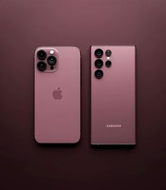 two pink iphones side by side on a purple surface with one facing the camera