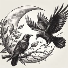 two birds are sitting on a branch with leaves and flowers in front of the moon