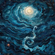 an abstract painting with swirls and stars in the sky