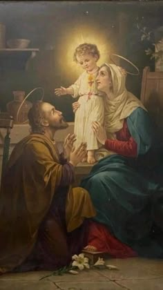 a painting of jesus holding the hand of a child