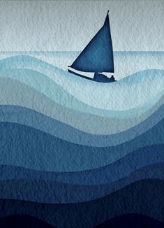 a painting of a sailboat in the middle of an ocean with blue waves on it