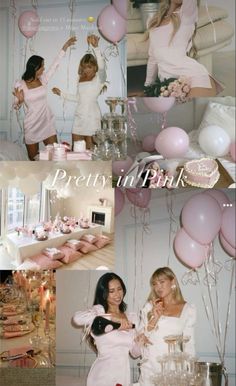 two women in pink dresses are posing for pictures with balloons and cake on the table