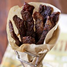 homemade beef jelks in a basket on top of a table with text overlay