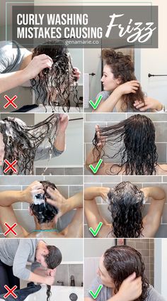 10 Mistakes that Cause Frizz When Washing Curls ft. Twist – Gena Marie Curly Hair Bowl Method Steps, How To Wash Curly Hair, Washing Curly Hair, Curly Hair Wash, Wavy Hair Care, High Porosity Hair, Hair Mistakes, Curly Hair Problems