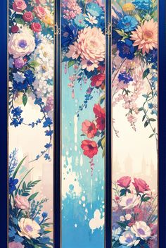 three panels with flowers painted on them in different colors and sizes, one blue the other pink