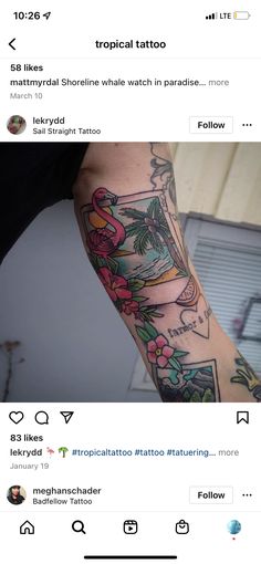 a person with a tattoo on their arm and the words tropical tattoo written below it