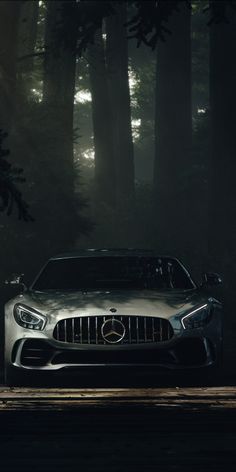 the front end of a silver sports car parked on a road in the dark woods