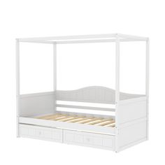 a white bed with two drawers underneath it and a canopy over the headboard for storage