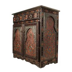 an ornate wooden cabinet with red and gold paint on it's doors, side view