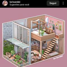 an image of a doll house with stairs and plants on the balcony area in it