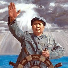 an oil painting of a man in uniform holding his hand up to the sky and steering wheel