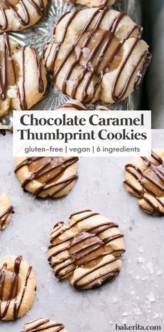 salted caramel thumbprint cookies with chocolate drizzled on top and in the middle