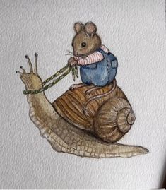 a drawing of a mouse riding a snail with a sweater on it's back