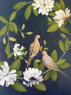 two birds sitting on top of white flowers and green leaves in front of a blue background