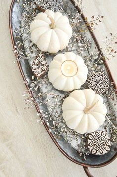 three white pumpkins sitting on top of a metal tray next to some dried flowers