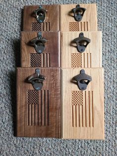 four pieces of wood with metal handles on them