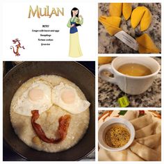 there are pictures of food and drinks on this page, including eggs in the shape of a face