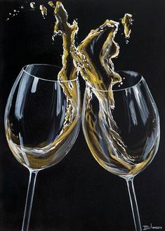 two wine glasses with yellow liquid splashing out of them on a black background, one glass half full and the other half empty