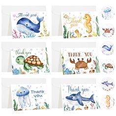 six thank you cards with sea animals and marine creatures