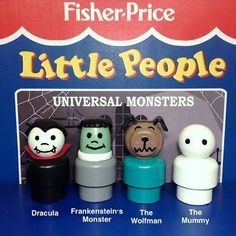 three little monsters are in front of a sign for the fisher - price little people