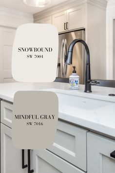 paint selections for a neutral, transitional kitchen style- featuring Sherwin Williams Snowbound (7004) and Mindful Gray (SW 7016) Neutral Cabinet Colors Kitchen, Mindful Grey Kitchen Cabinets, Sw Snowbound Kitchen Cabinets, Cabinet Color With Gray Walls, Mindful Gray Kitchen Walls, Trim Color For Snowbound Walls, Snowbound Kitchen Walls, Sw Mindful Gray Cabinets, Mindful Gray Cabinets Kitchen