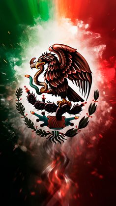 the mexican flag with an eagle on it's chest and two headed birds in the center