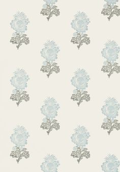 a white and blue wallpaper with flowers on it