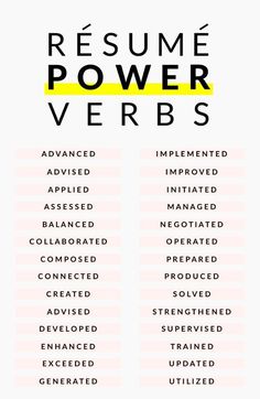 the words resume power verbbs are shown in black and yellow on a white background