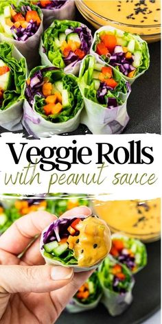 vegetable rolls with peanut sauce on top and in the background, there is a hand holding one