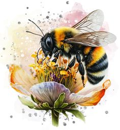 a painting of a bee sitting on top of a flower with watercolor splashes