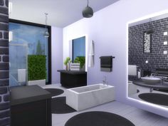 a modern bathroom with black and white decor