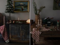 two pictures side by side, one has a christmas tree and the other is an old dresser