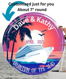 a cruise ship with palm trees and the words save & kathy on it's side