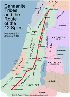 a map showing the route of jesus's journey through the land of canaane and the route of 12 spies