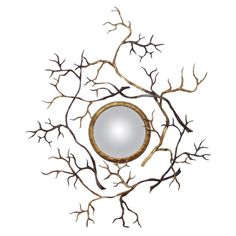 a metal tree branch with a round mirror hanging from it's center, against a white background