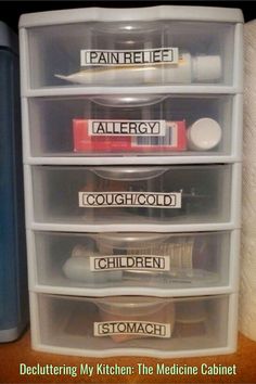 the drawers are labeled with allergys and children's products