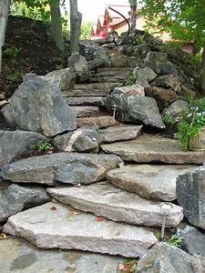 a stone path is lined with trees and rocks