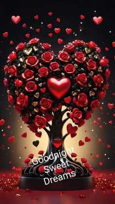 a heart shaped tree with red roses on it and the words goodnight sweet dreams above it