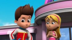 a cartoon boy and girl standing in front of a building