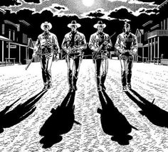 three men walking down a street in the middle of the night with their shadows on the ground